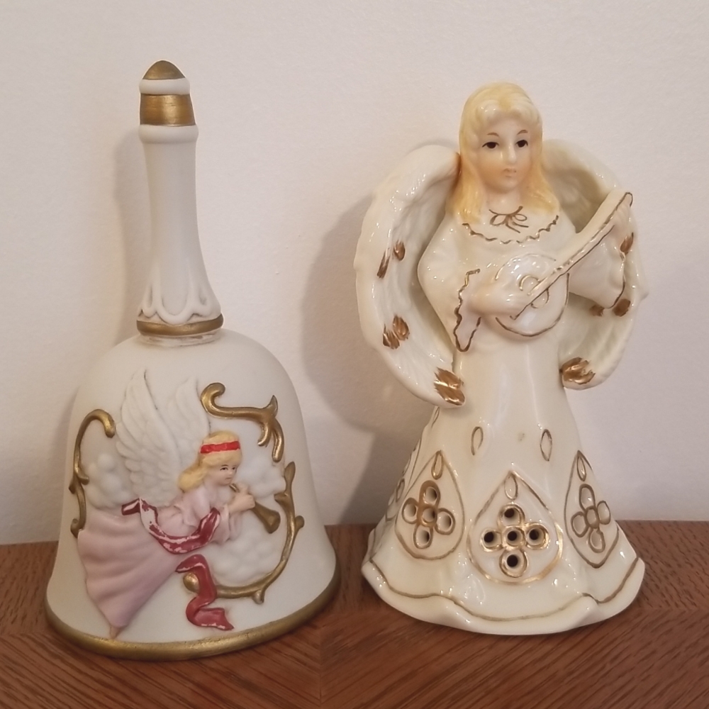 Christmas angel bells, 2. 1 is mat finish. 1 is glazed. App 5 1/4" tall.